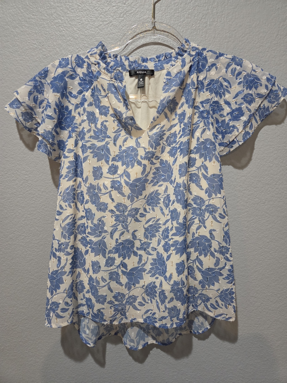 Aqua Cream and Blue Floral Ruffle-Trim Short Sleeve Blouse XS
